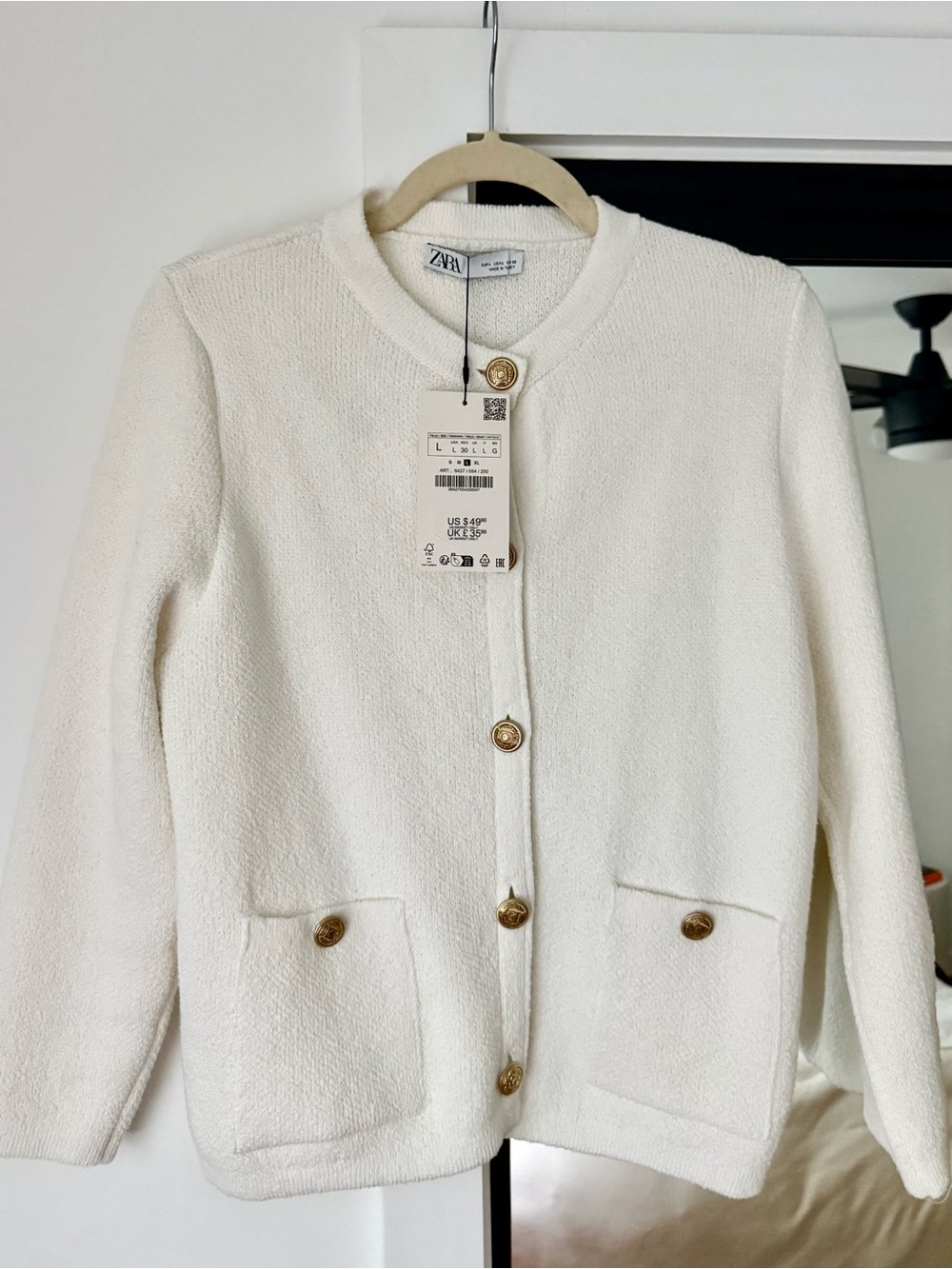 Zara Cream Button-Front Knit Cardigan with Gold Buttons